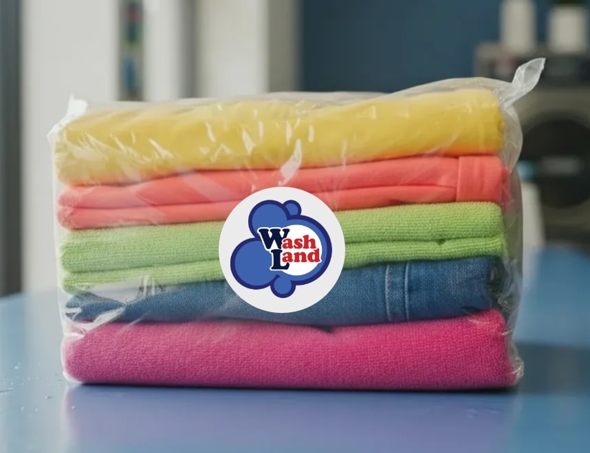 Folded laundry wrapped in plastic with Wash Land logo sticker on a blue counter