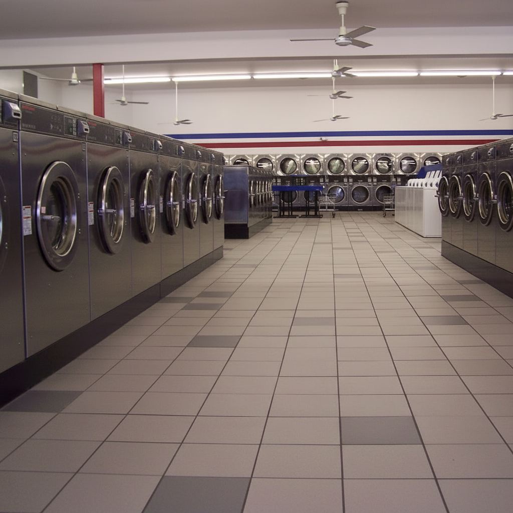 Washland main floor with rows of commercial washers